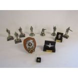 Collection of Royal Hampshire and pewter military figures, plaques and pin badge
