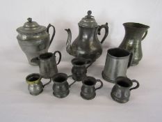 Collection of pewter to include a tankard dated 1844