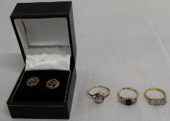 9ct gold & amethyst ring, 2 9ct gold & cubic zirconia rings ((total wt) 5.68g & pair of amethyst