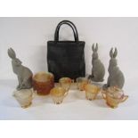 Collection of orange gypsy glass, 3 hare ornaments and a vintage bag