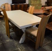 Heavy wooden modern 'Monastery' dining table 178cm by 100cm  & 4 oak chairs