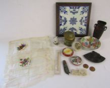 Selection of collectables to include tiled teapot stand, powder puff, silk hankies and an Oriental