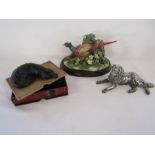 Crown Staffordshire pheasant (af), heavy cast metal Labrador and a heavy Labrador writing box