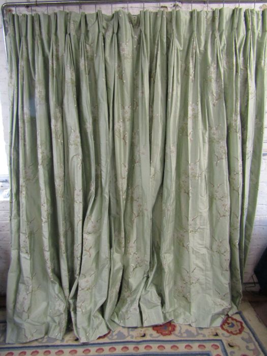 Pair of heavy lined fixed pleat curtains approx. 50"x84" with tiebacks