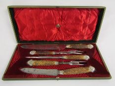 John Round & Son Sheffield carving set with 2 knives and forks and a steel with antler handles in