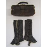 Small Gladstone leather bag and a pair of vintage leather gaiters