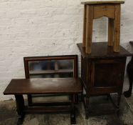 Pine stool, pot cupboard, oak coffee table & wooden framed mirror