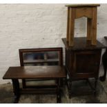 Pine stool, pot cupboard, oak coffee table & wooden framed mirror