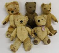 3 Chad Valley mohair teddy bears & 2 vintage bears (wood wool / kapok)