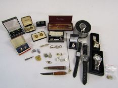 Collection of men's watches, cufflinks (some silver) pens etc