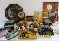 Muriel Dawson print, selection of collectables including aneroid barometer, carved wooden animals,