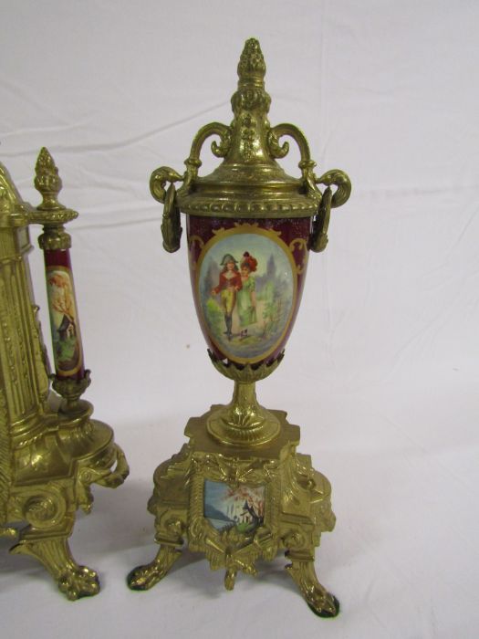 20th century French style gilt metal and porcelain clock garniture - the clock having German - Image 3 of 10