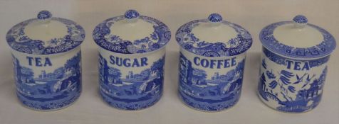 Spode Italian pattern tea, coffee & sugar jars with a Spode Willow pattern tea jar