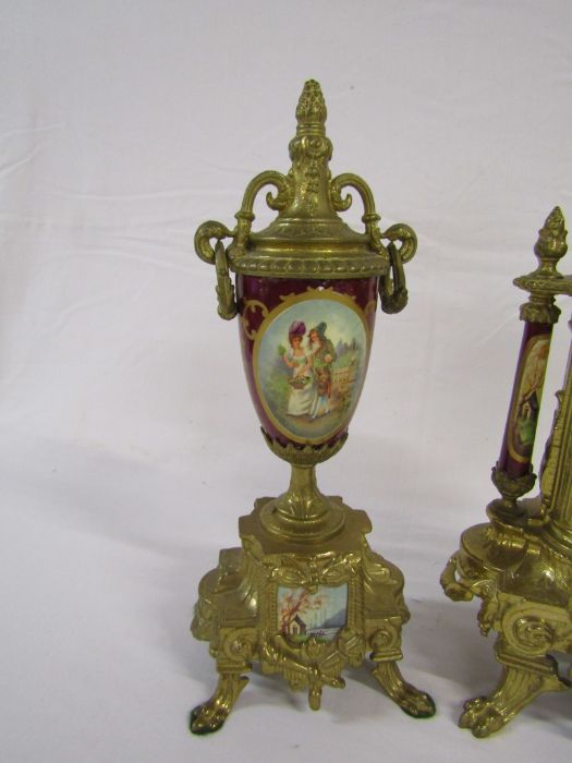 20th century French style gilt metal and porcelain clock garniture - the clock having German - Image 2 of 10