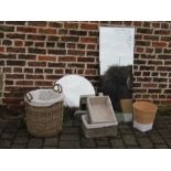 Collection of items to include mirrors, baskets and a log/linen basket