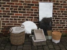 Collection of items to include mirrors, baskets and a log/linen basket