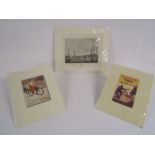 2 small advertising prints for Dunlop tyres and Velosolex and an etching of Boston docks