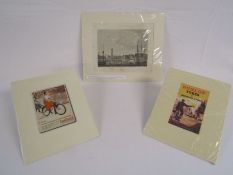 2 small advertising prints for Dunlop tyres and Velosolex and an etching of Boston docks