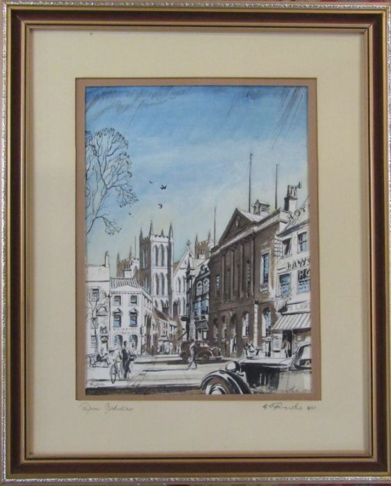 Framed colour wash pen and ink drawing of Ripon Yorkshire signed ** Rooke 1941 49 cm x 60 cm (size - Image 2 of 2