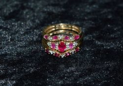 Trilogy set of rings with ruby type stones & diamond chips size S