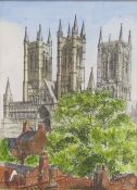 Pen and ink drawing of Lincoln Cathedral approx. 31cm x 39cm (includes frame)