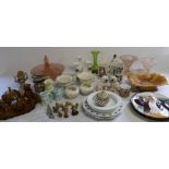 Selection of mixed ceramics including Wedgwood footed bowl, Mary Gregory type green glass vase,