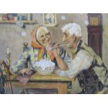 19th century framed Continental watercolour / gouache of couple blowing bubbles 43.5cmx33.5cm (