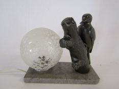 Art Deco lamp with woodpecker on marble base approx. 21cm x 19cm x 18cm