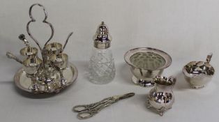 Selection of silver plate including egg cup stand & grape scissors