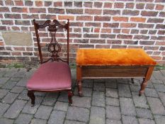 Antique duet piano stool with velvet orange cover including some spare upholstery tacks and a