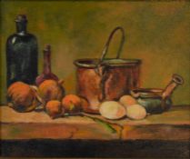 Small Impressionist oil on board still life of bottles, vegetables & pans by Fred Elmes. Frame