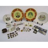 Selection of coins mainly Commemorative and tokens also Royal pieces including Portland ware tin