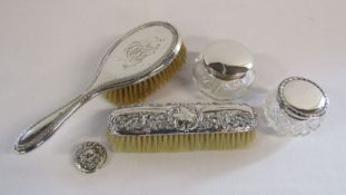 Silver hairbrush set 1908 & 1903, silver top 1906 and 2 jars with silver lids 1907 & 1922 Total