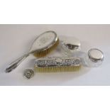 Silver hairbrush set 1908 & 1903, silver top 1906 and 2 jars with silver lids 1907 & 1922 Total