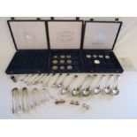 Collection of silver plate, a silver coin, Acme whistle, collectors coins, and cutlery etc