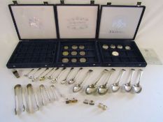 Collection of silver plate, a silver coin, Acme whistle, collectors coins, and cutlery etc