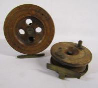 2 wood and brass fishing reels