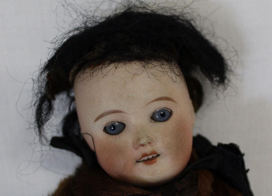 Small bisque head doll marked "UNIS France" on composition straight limb body with fixed eyes, - Image 3 of 12