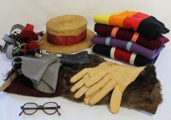 Quantity of college scarves, braces, gloves, glasses, gaiters & straw boater