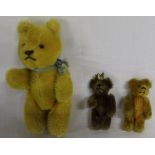 2 small Schuco bears (1 with crown) 7cm with metal framed jointed bodies & 1 other bear with plastic