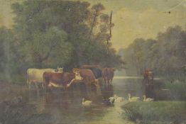 Unframed oil on canvas depicting cows in a river, with significant damage, signed J D Morris (1830-