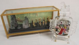 Large Chinese inside painted glass bottle with ring handles and dog of Fo stopper, etched "