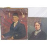 2 unframed oil on canvas portraits of lady (possibly by Florence Hardy) & a gentleman (badly