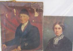 2 unframed oil on canvas portraits of lady (possibly by Florence Hardy) & a gentleman (badly
