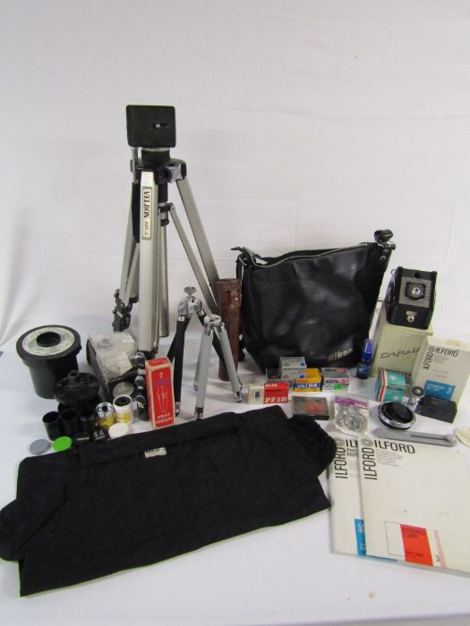 Selection of photography accessories includes Velbon Aef 3 Stand, Nikon camera bag etc - some