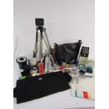 Selection of photography accessories includes Velbon Aef 3 Stand, Nikon camera bag etc - some