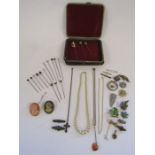 Collection of hat pins, costume jewellery to include some silver (2 brooches and cross pendant)