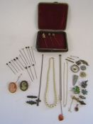 Collection of hat pins, costume jewellery to include some silver (2 brooches and cross pendant)