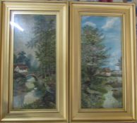 Pair of gilt framed and glazed landscaped oil paintings 38.5 cm x 69 cm (size including frame)
