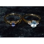 2 x 9ct gold dress rings set with blue gem stones size P & N